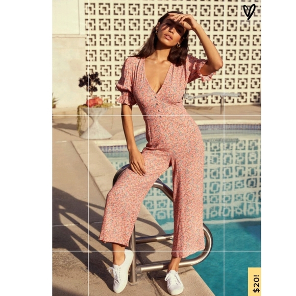 Faithfull the Brand Pants - Anka Coral Pink Floral Print Wide-leg Jumpsuit